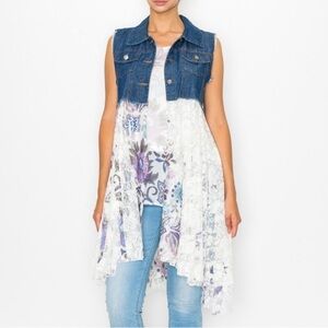 Origami by Vivian XLDenim Lace Panel Sleeveless Tunic Vest/White & Blue Floral